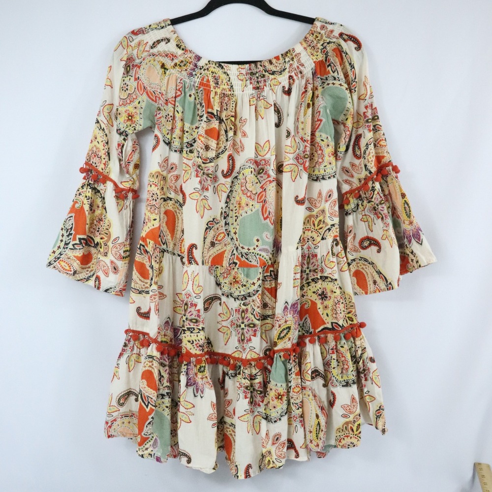 True Destinations Multicolor Paisley Smocked Mini Dress Boho Beach Vacation Sz M